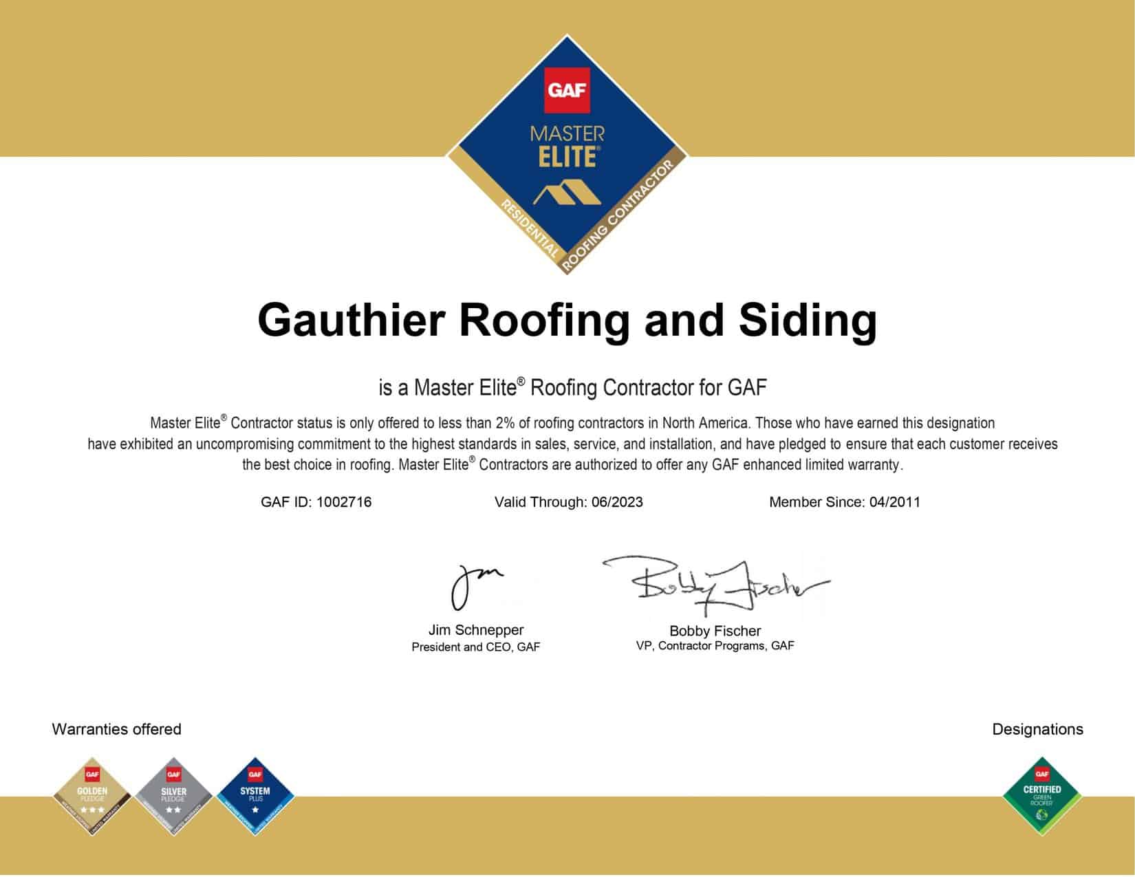 Gauthier Roofing and Siding GAF Master Elite Certificat