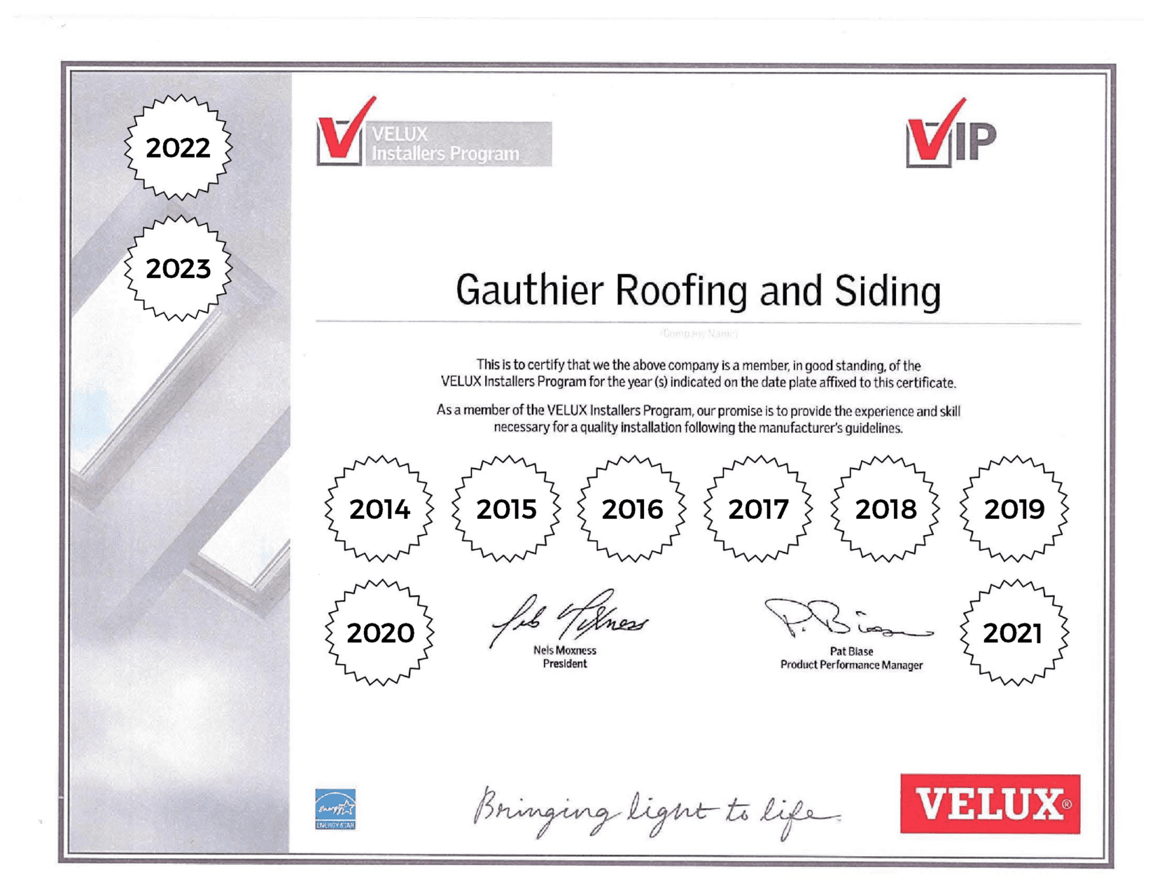 Velux Certificate 2014-2023