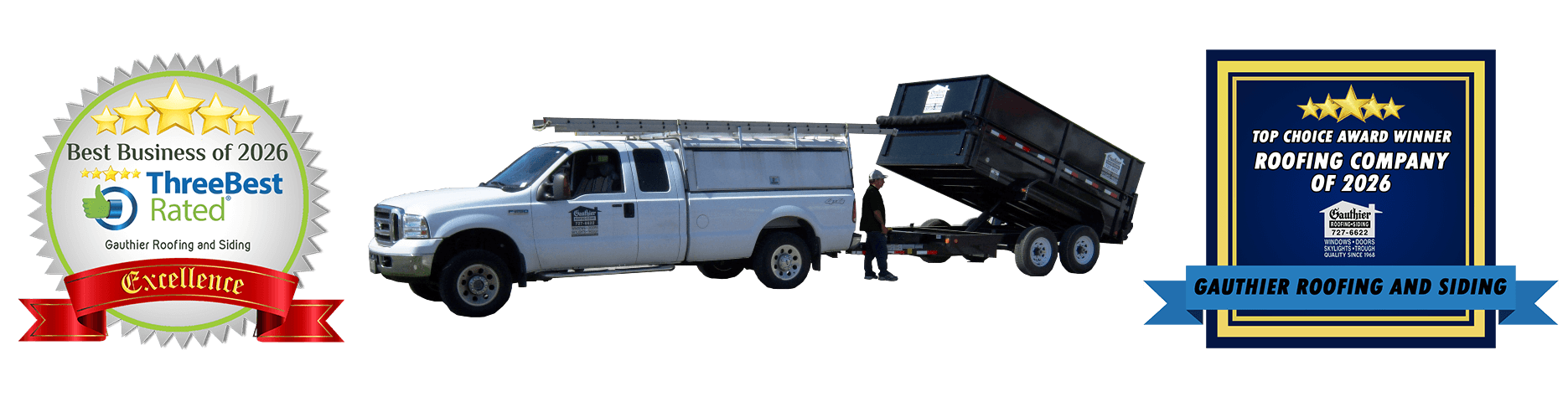 Jules with truck and two awards Best Roofing Company in Windsor Awards 2026